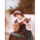 Bessie Gilson - Gypsy Girl playing the lute, on a garden seat,