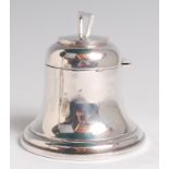 A George V silver inkwell, in the form of a bell, having hinged cover, makers mark worn,