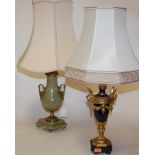 A mid-20th century onyx table lamp and shade,