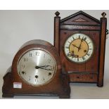 A late 19th century continental oak and pine cased mantel clock,
