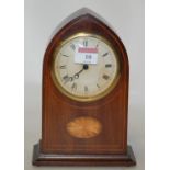 An Edwardian mahogany and satinwood inlaid cased lancet shaped mantel clock,