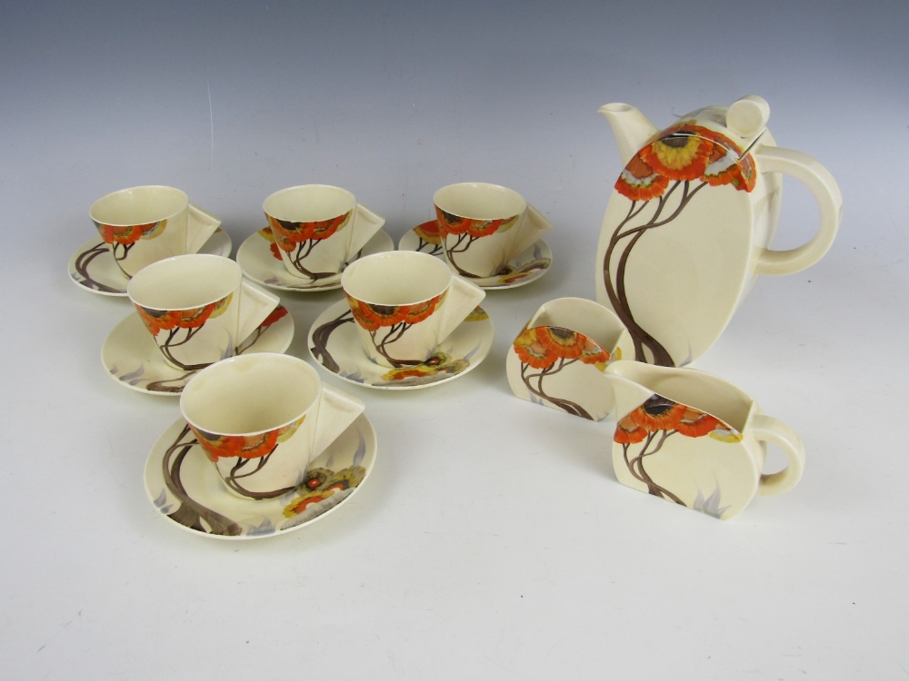 A Clarice Cliff Bizarre coffee service in the Rhodanthe pattern, comprising Bonjour coffee pot and