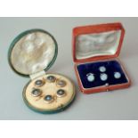 Two cased sets of gentlemens' shirt studs, including one of black mother of pearl and turquoise