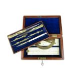 A Victorian cased set of drawing instruments, together with an ivory Gunter's scale by E. Wrench and