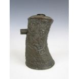 An antique Chinese or Asian copper flask, chased overall in a pattern of sea monsters or dragons,