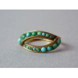 A Victorian turquoise mourning ring, twist and channel set with graded cabochon stones on yellow