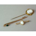 Two 9ct gold bar brooches, one set with an opal cabochon within a rope twist frame, together with