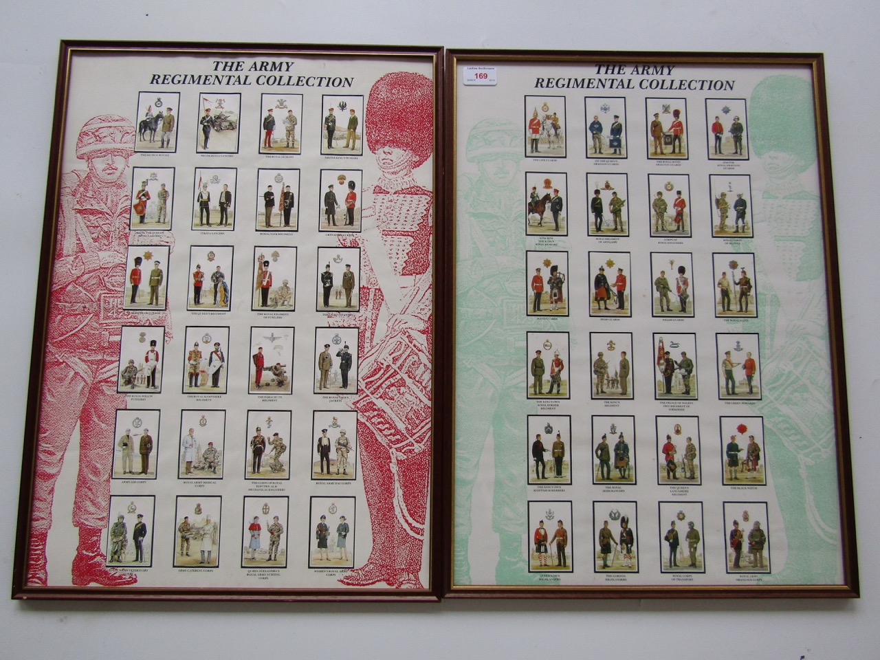 Two framed sets of Army Regimental uniform study cards