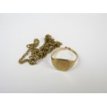 A 19th Century gentleman's 9ct gold signet ring (a/f), together with a 9K gold curb link neck chain,