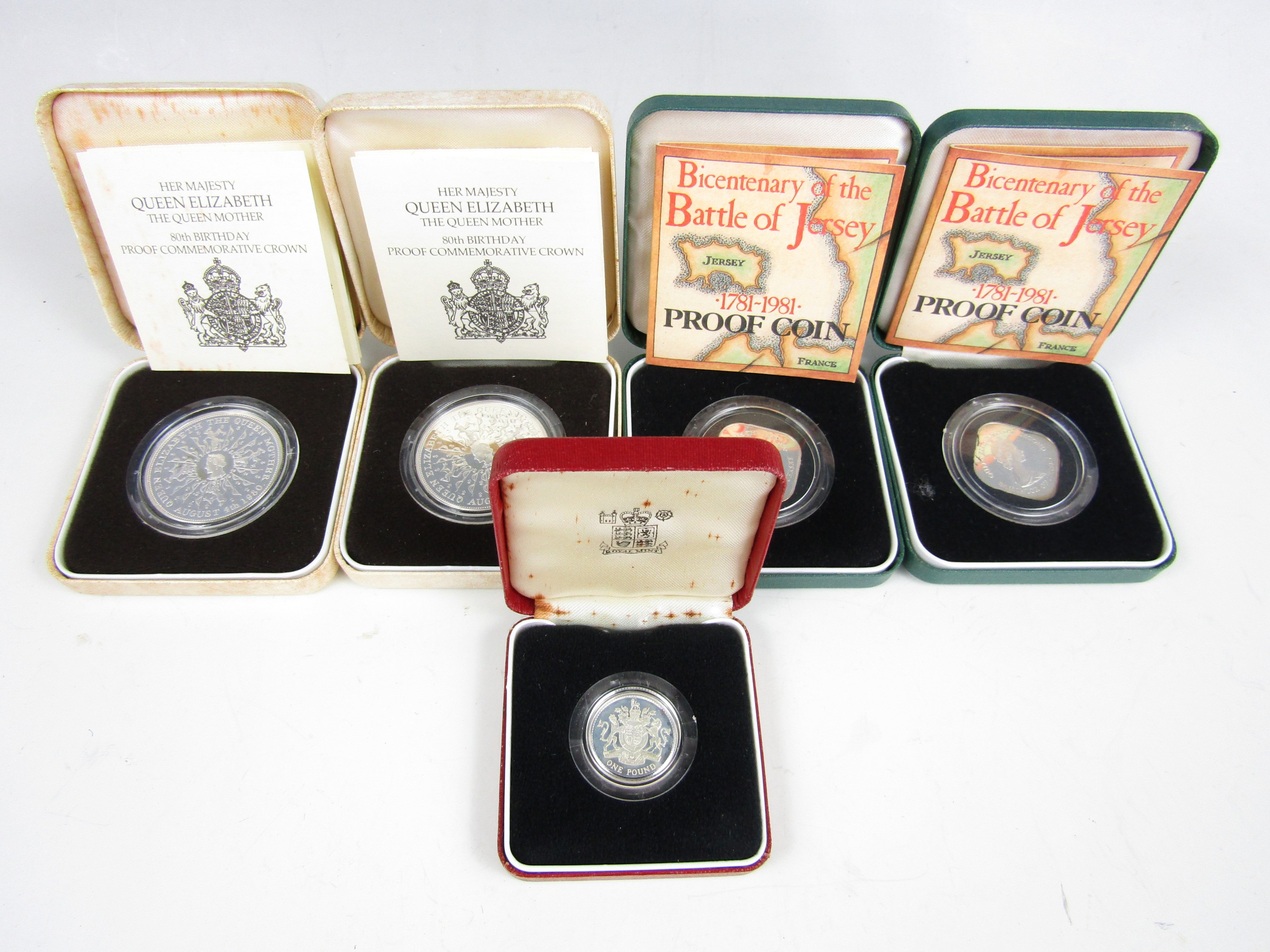 Five GB Royal Mint silver proof commemorative coins, including two Queen Elizabeth the Queen