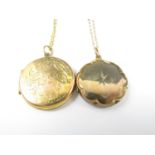 Two early 20th Century rolled-gold lockets, on 9ct gold and yellow-metal neck chains