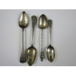 Two Georgian silver spoons, together with a George V silver teaspoon and an Apostle spoon, 53g