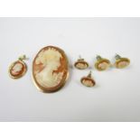 9ct gold and carved shell cameo jewellery, including brooch and pendant, together with two pairs