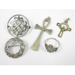 Silver Celtic jewellery, including pendant cross, knotted wreath brooch, ring, and reticulated
