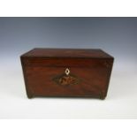 A George III marquetry-inlaid mahogany tea caddy, of rectangular section, string-inlaid, cross-