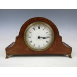 An Edwardian marquetry-inlaid mahogany mantel clock, having single train movement with enamelled