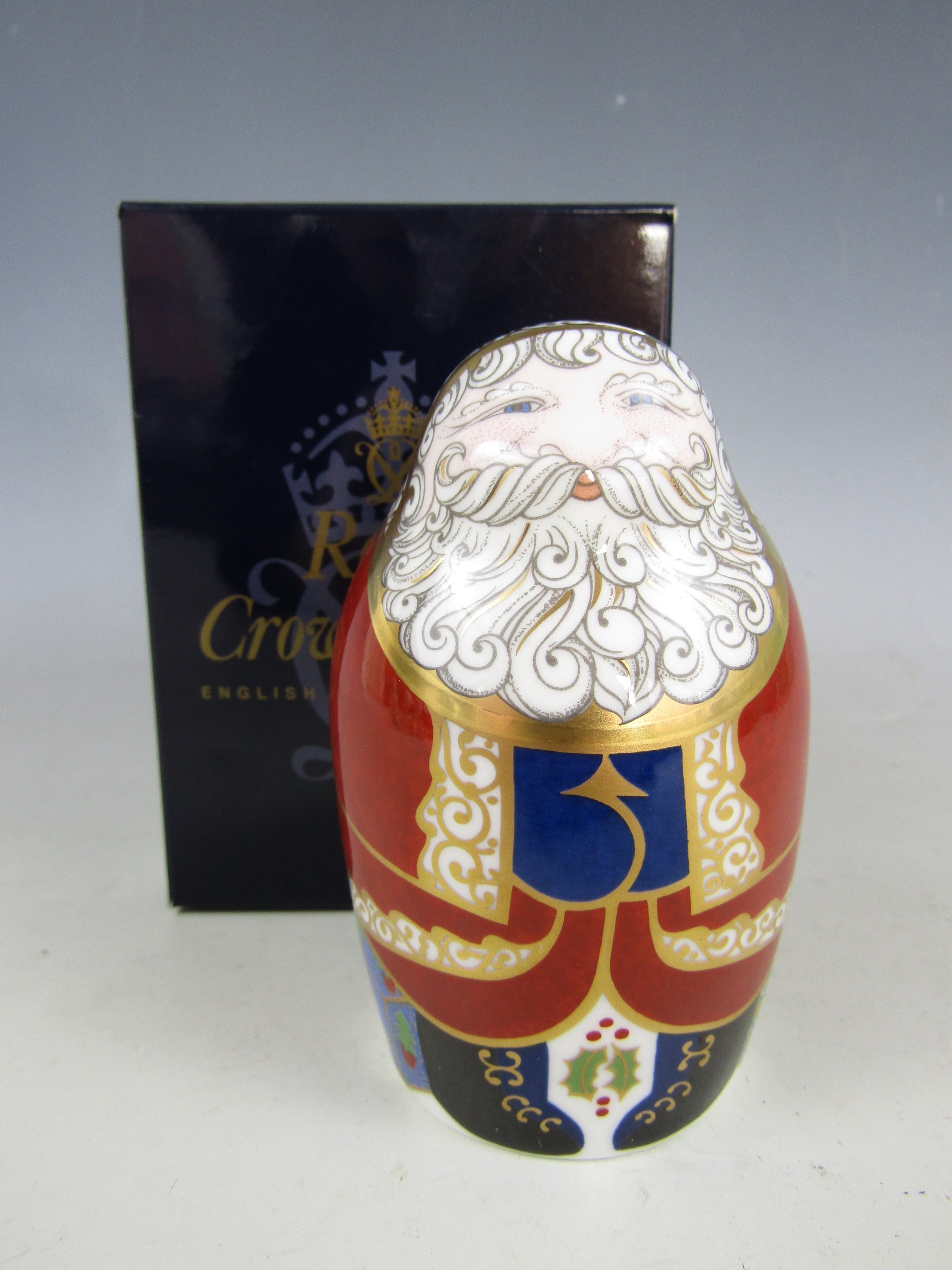 A boxed Royal Crown Derby bone china Santa Claus paperweight, with gold stopper, signed and dated by - Image 2 of 2
