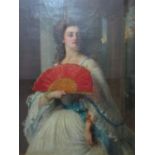 Abraham Solomon (English, 1824-1862) Three quarter length portrait of a lady holding a fan, her gaze