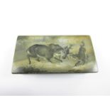 A 19th Century lacquer snuff box, the lid hand painted in depiction of wolves attacking a deer, 10