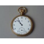 An Omega rolled gold pocket watch, having a crown-wound 15-jewel movement, and enamel open face with