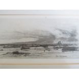 David Young Cameron (1865-1945) Arran, atmospheric coastal view with sailing vessel, drypoint,