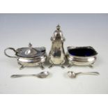 A George V silver three-piece cruet set, Walker & Hall, 1935