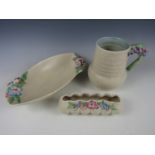 Three items of 1930s Clarice Cliff Wilkinson Ltd pottery, including My Garden dish, shape 768, 32 cm