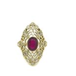 Gold, ruby and diamonds ring Sortija lanzadera en oro 14k con rubí talla oval y calado de