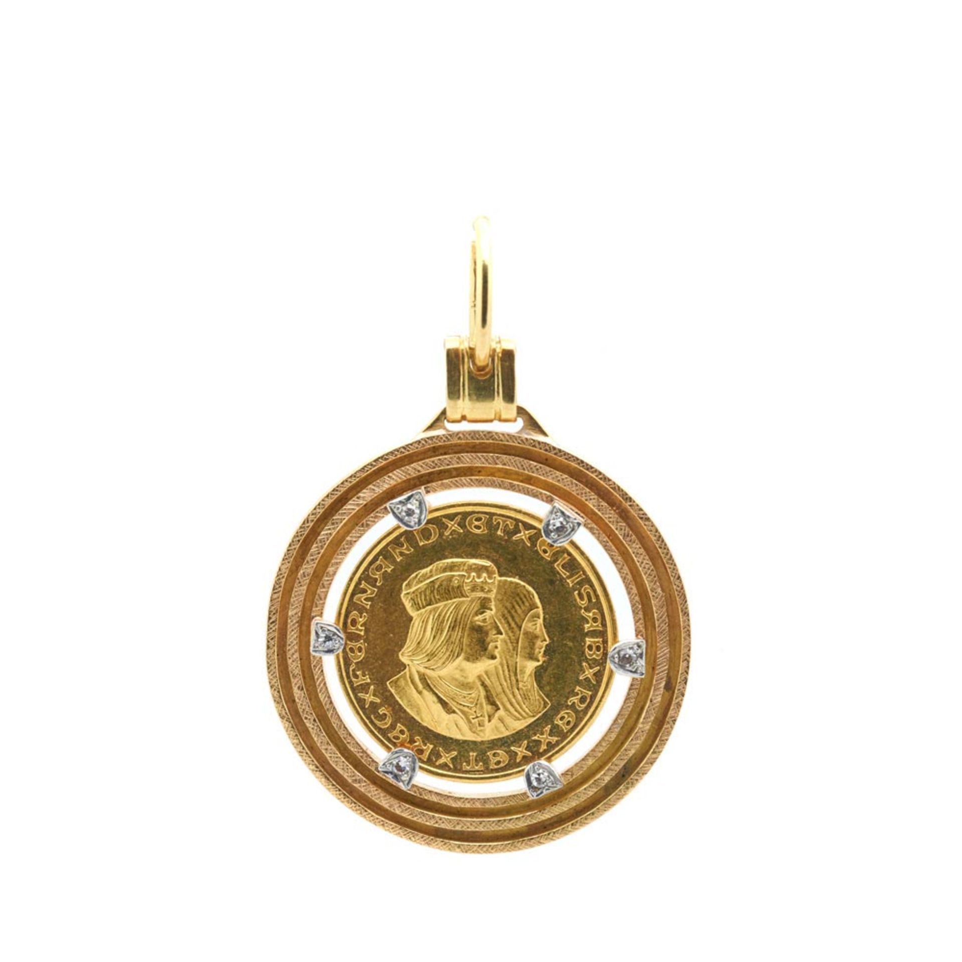 Gold, white gold and diamonds coin pendant Colgante en oro bicolor con medalla conmemorativa de