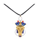 Alen Dion gold, white gold, diamonds, lipislazuli, coral and enamel egyptian pendant Colgante de