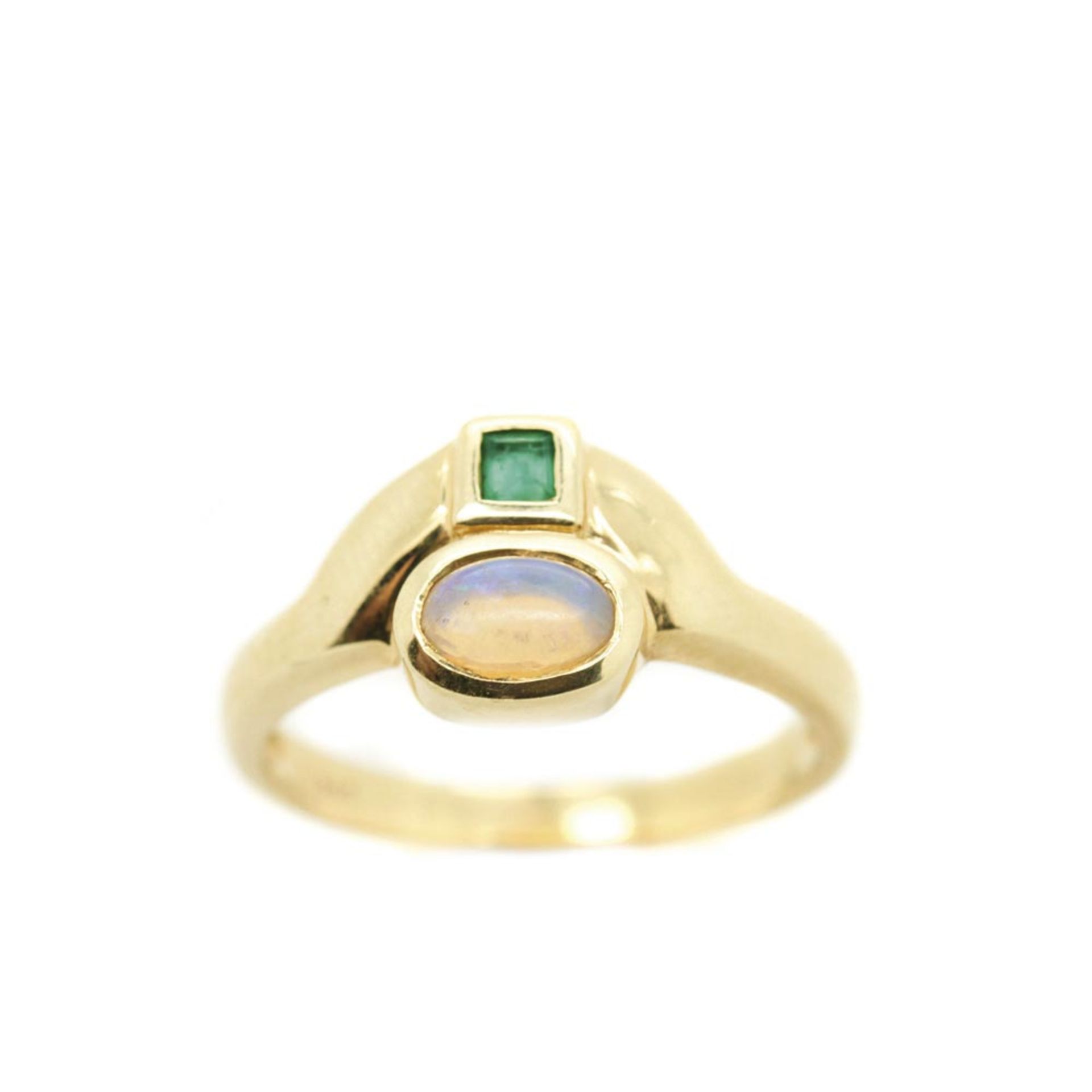 Gold, opal and emerald ring