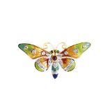 Alen Dione gold, white gold, diamonds, emeralds, ruby and enamel butterfly pendant brooch Broche