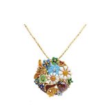 Alen Dione gold, diamond, turquoise and enamel flower pendant brooch Broche colgante diseño floral