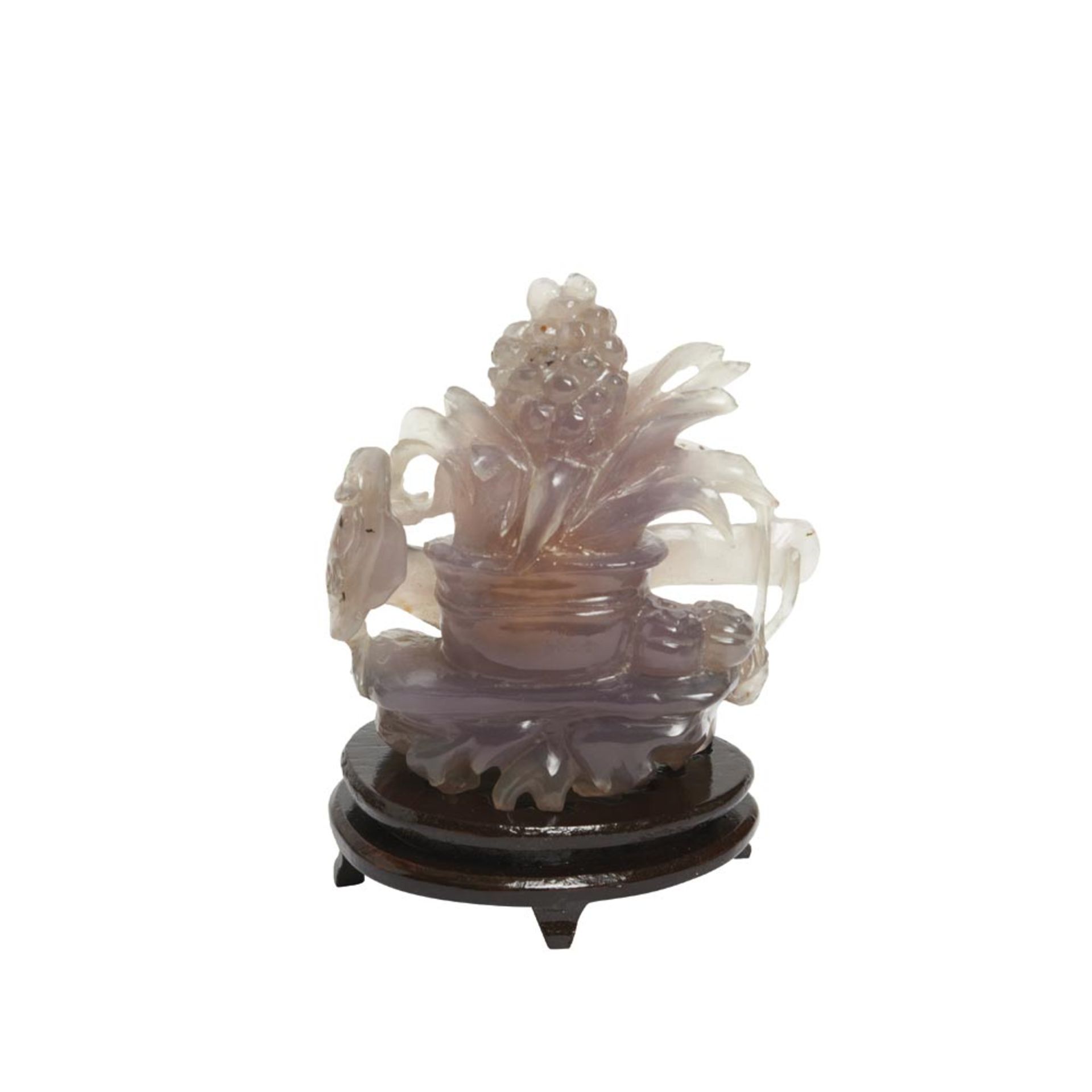 Chinese agate centrepiece. Centro chino con flores en ágata calcedonia tallada sobre peana en - Bild 3 aus 3
