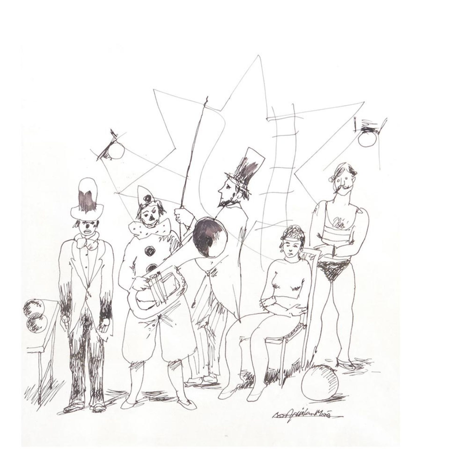 Circus characters. Ink on paper drawing Ramón Aguilar Moré (Barcelona, 1924-2015) Personajes