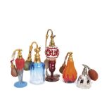 Cut and enamelled glass perfume sprinklers lot. Lote de cinco perfumeros en cristal tallado y pâte