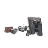 Halina binoculars and Yashica, Kodak and Univex photographic cameras lot, c.1930, c.1950, c.1960.