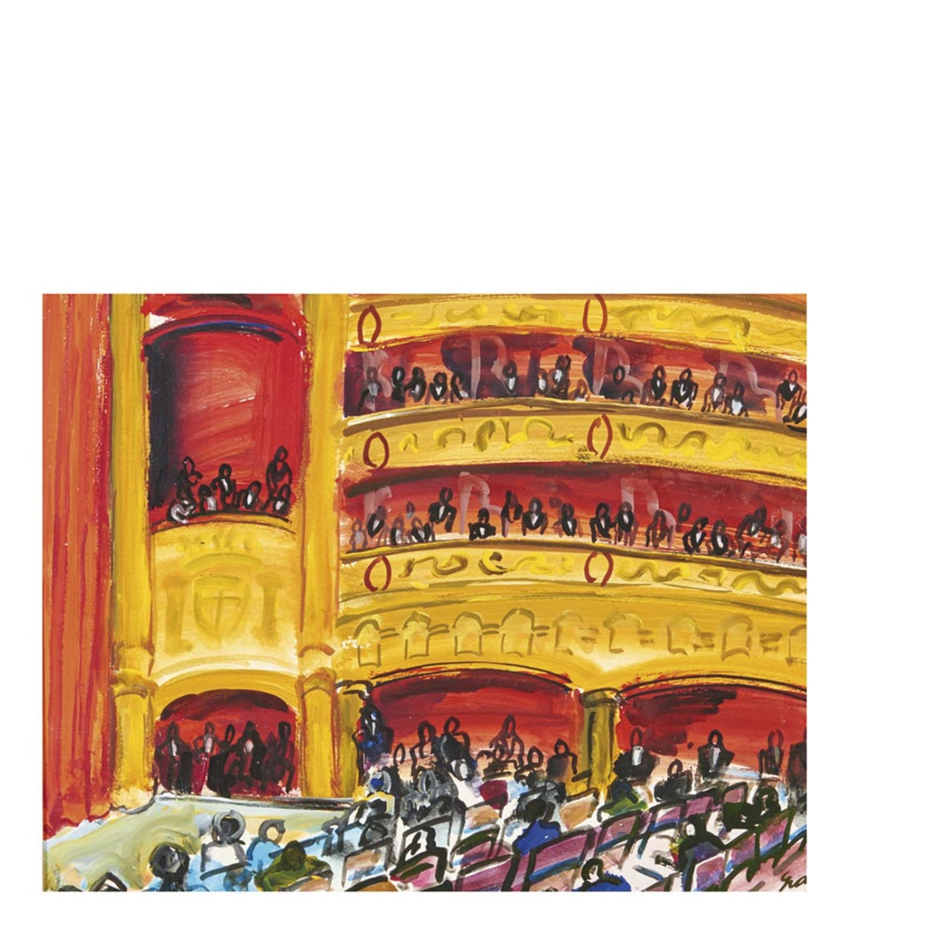 Interior of theater. Mixed media on paper