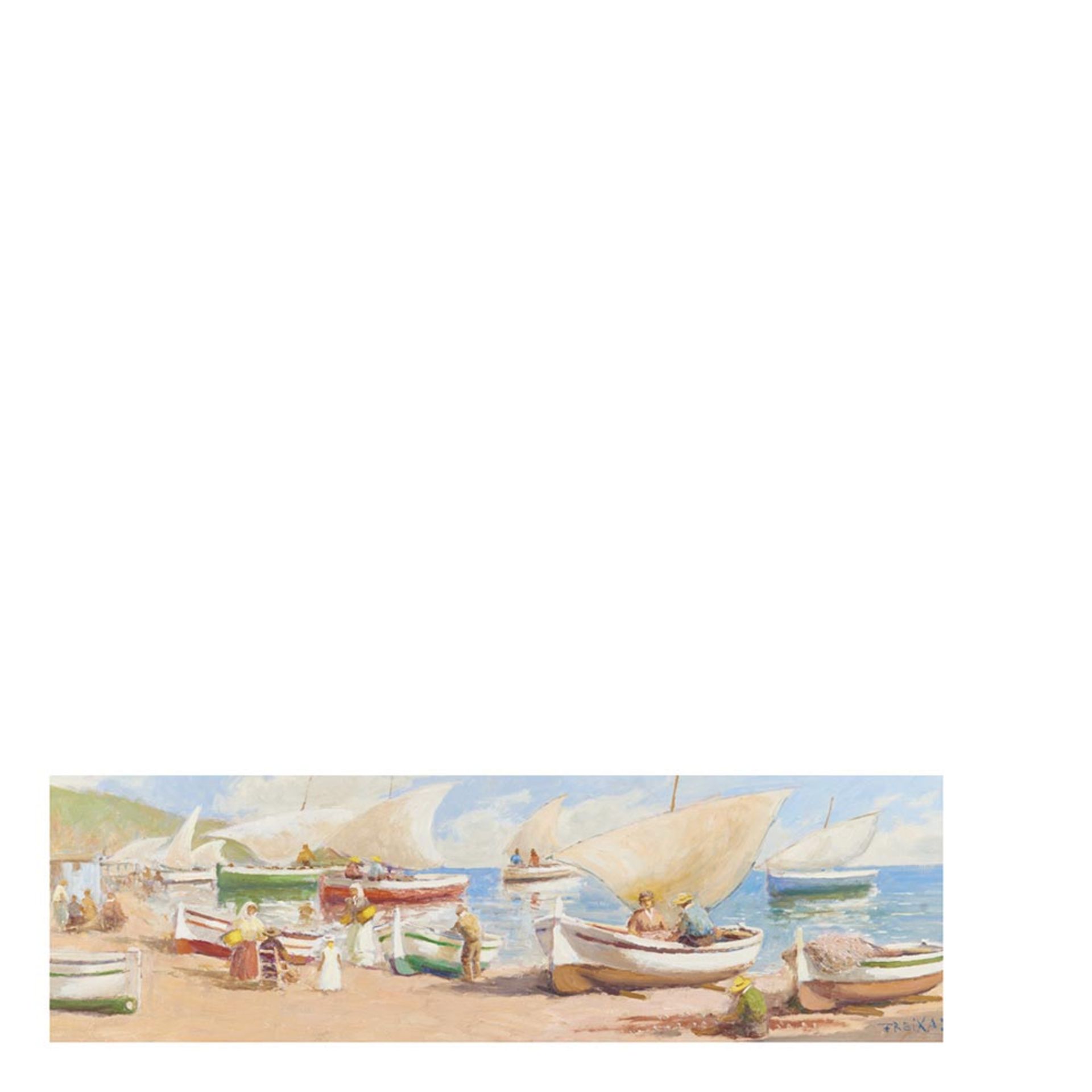 Fishermen and boats on the beach. Oil on canvas