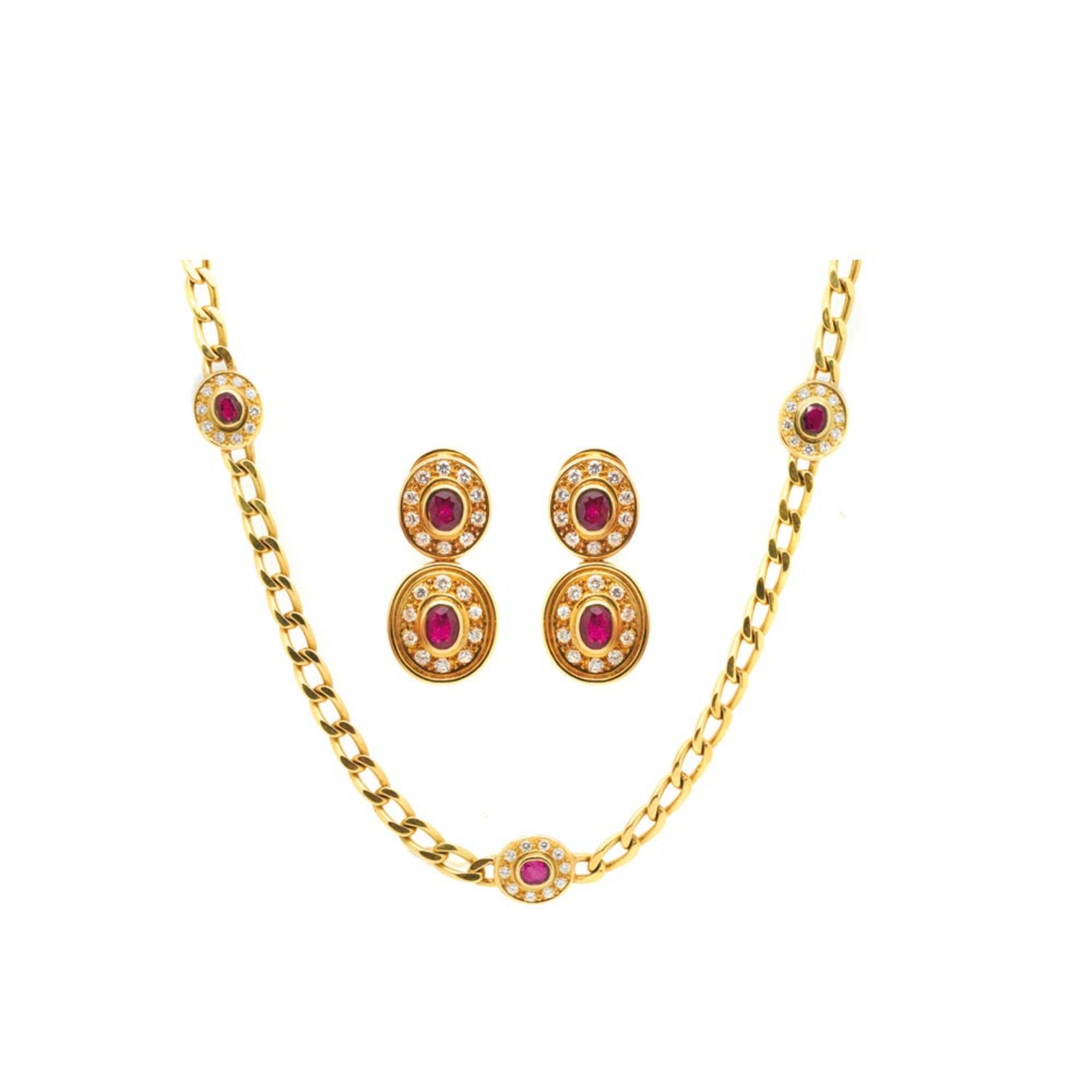 Gold, ruby and diamonds necklace and earrings set