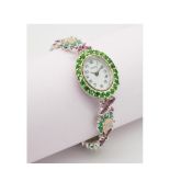 Silver, opal, peridots and emeralds wristwatch