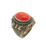 Silver and coral ring