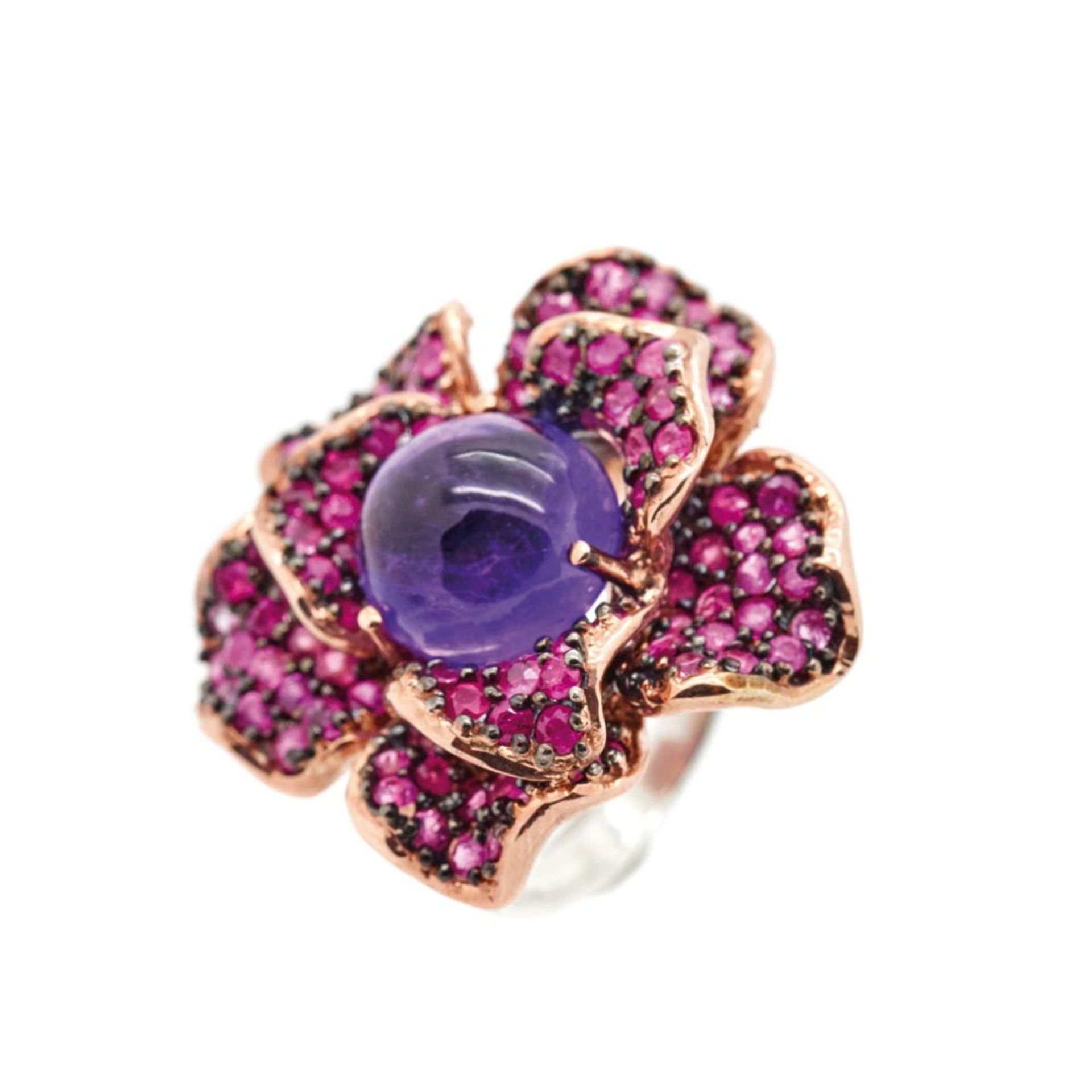 Silver, pink gold plated, amethyst and pink sapphires ring