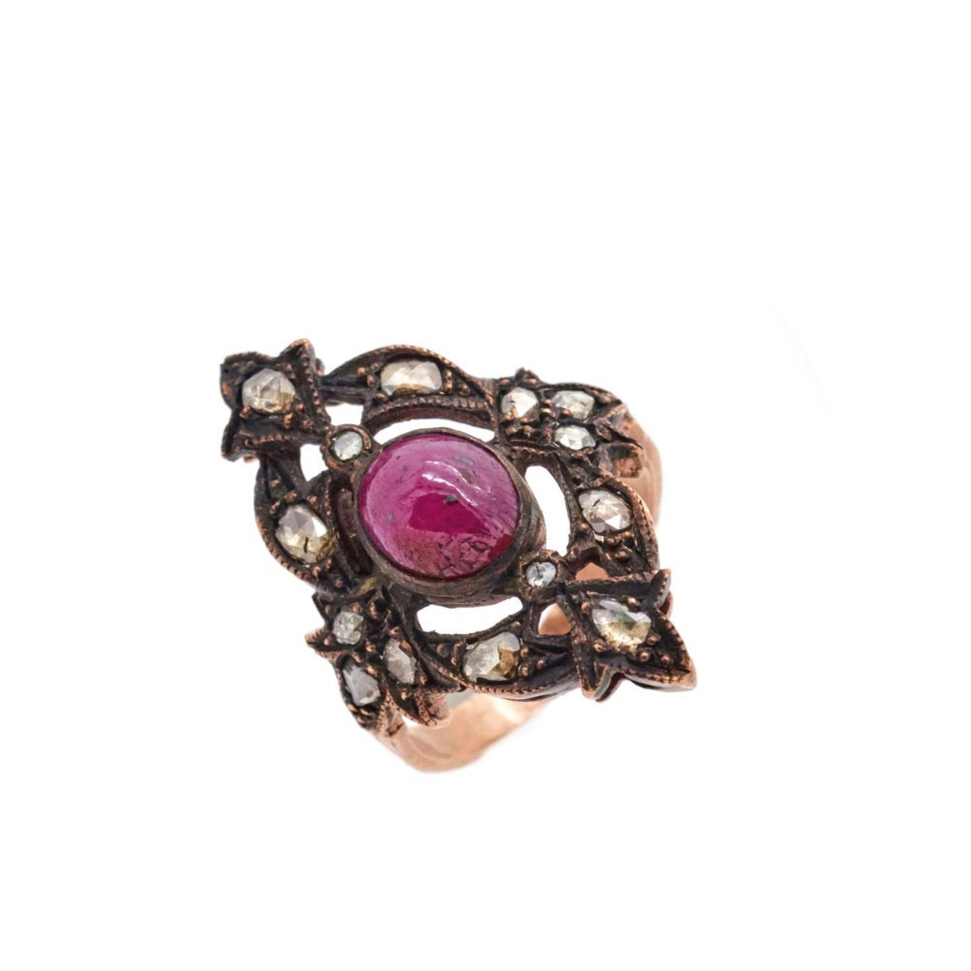 Bluing and gold plated silver, ruby and diamonds ring