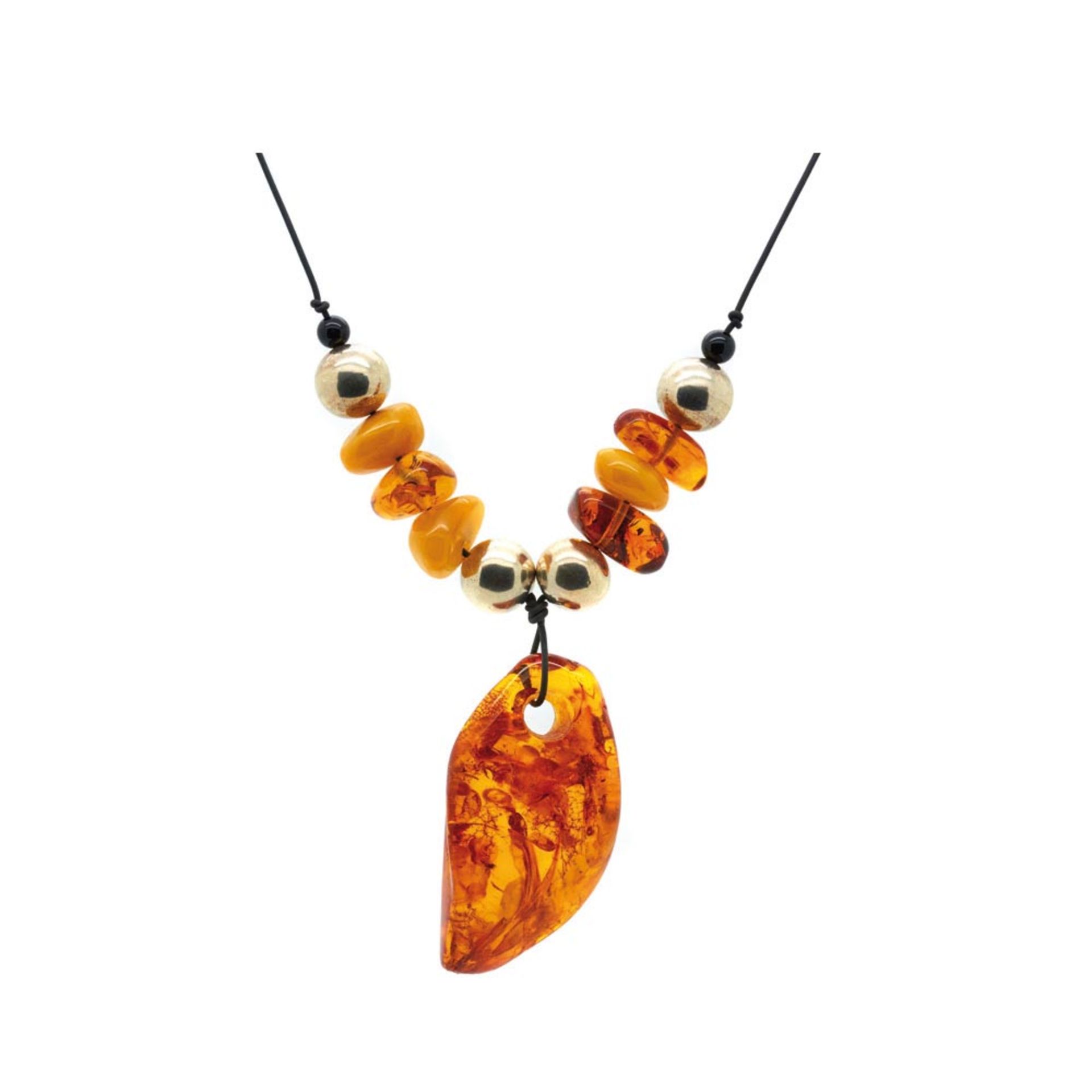 Amber, silver and rubber necklace