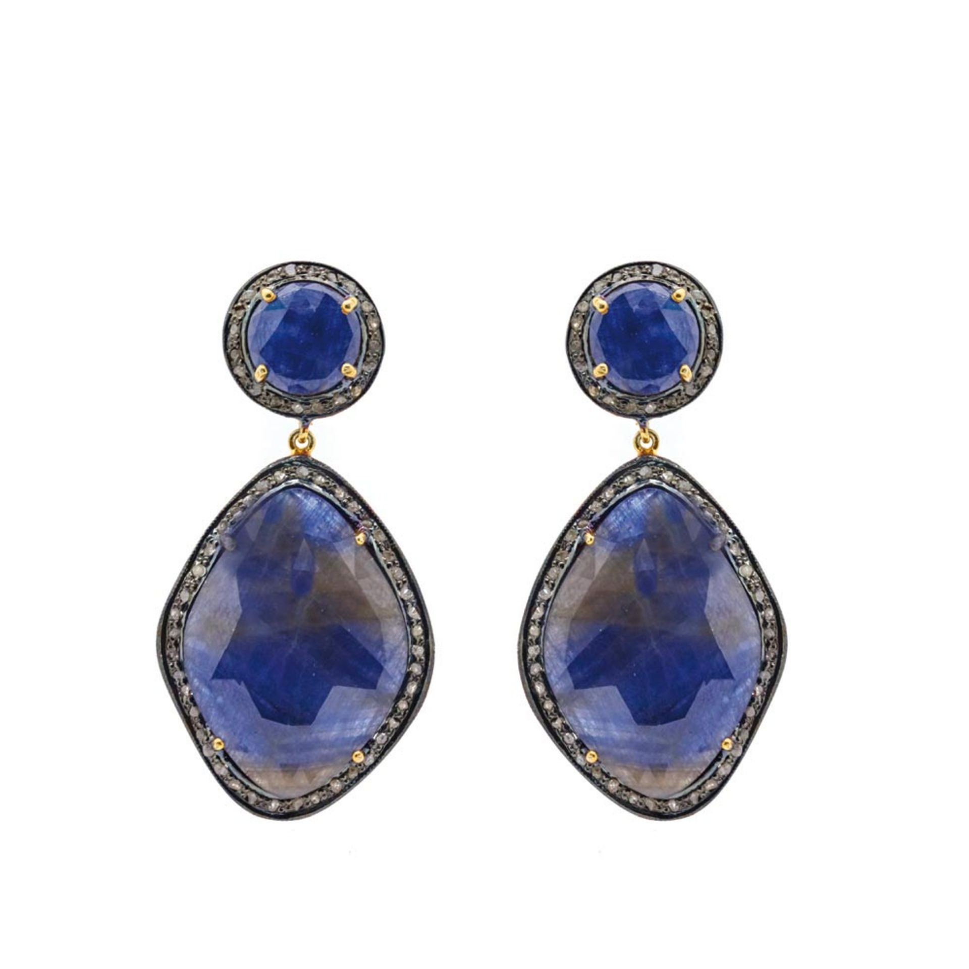 Bluing and gold plated silver, sapphires and diamonds earrings