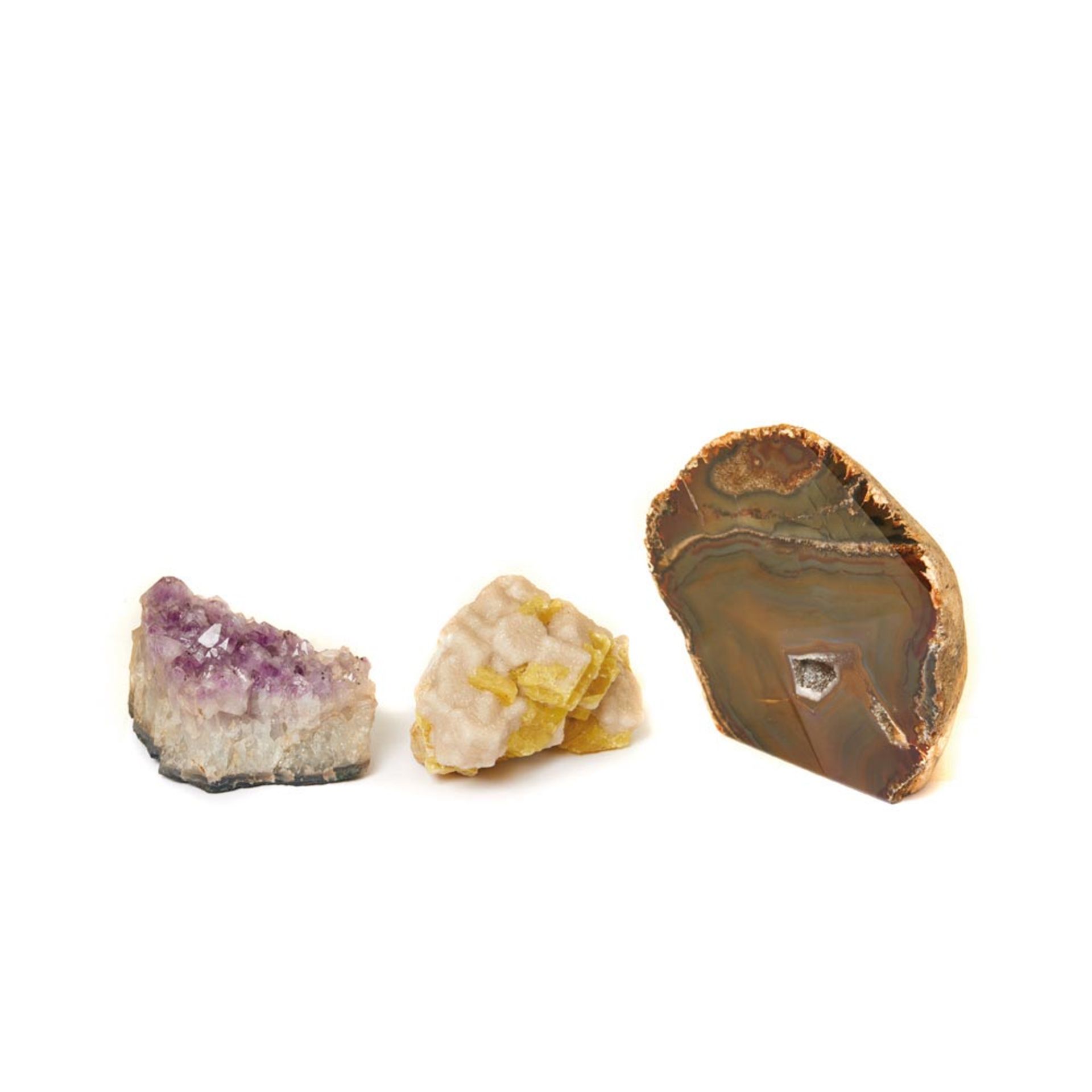 Agate, amethyst geode and yellow fluorspar lot
