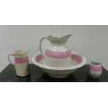 White and Pink Banded 4 Piece Porcelain Basin and Ewer Set