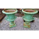 Pair of Cast Iron Green Garden Urns