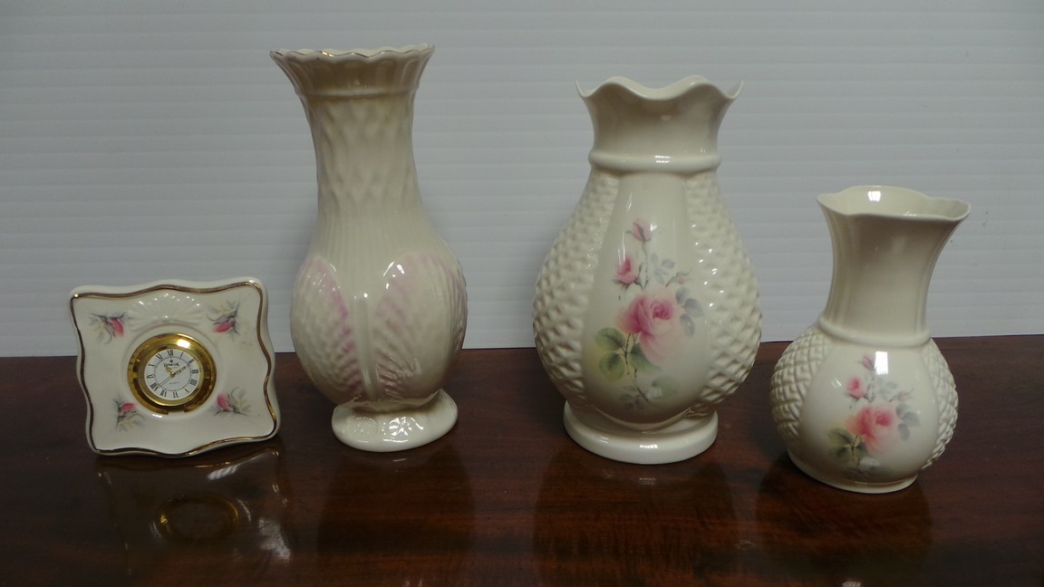 Lot of 3x Belleek Vases and Donegal Crystal Clock